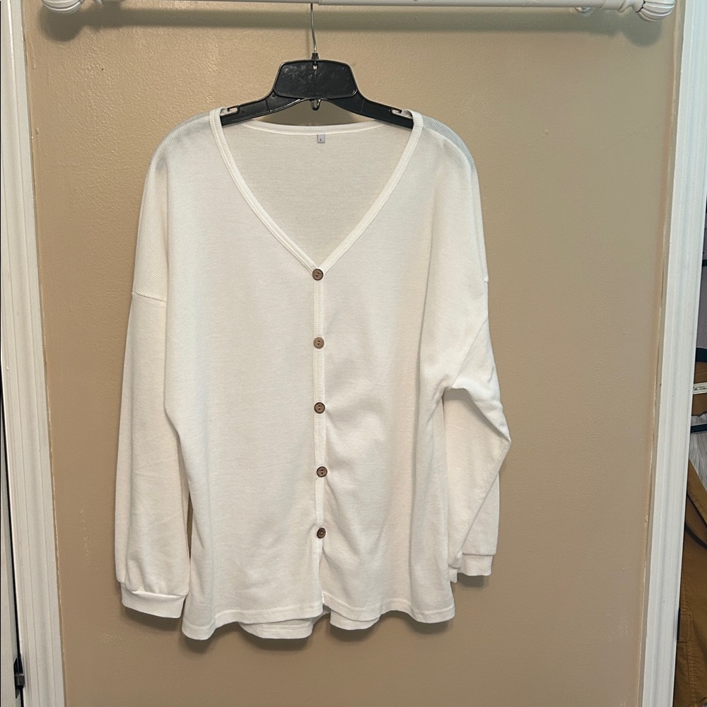 Women's waffle texture off White Button-Up Cardigan